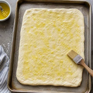 Stretched pizza dough brushed with garlic oil on a baking sheet