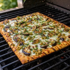 Topped eggplant and olive pizza cooking on grill grates