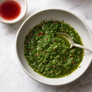 Bowl of chimichurri with red wine vinegar nearby