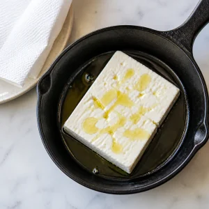 Feta block in a cast-iron skillet with olive oil