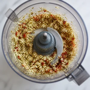 Garlic, oregano, and chile chopped in a food processor