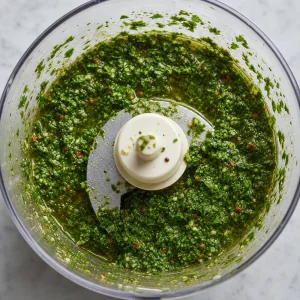 Green parsley chimichurri in a food processor