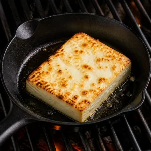 Hot feta browning in a cast-iron skillet on the grill