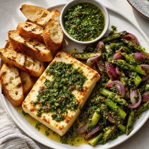Hot grilled feta served with baguette and asparagus chimichurri