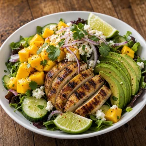 Insalata tiepida di pollo grigliato e mango pronta da servire