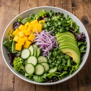 Insalata verde con mango, avocado, cetriolo, cipolla e coriandolo