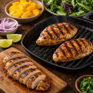 Pollo grigliato con striature tagliato su un tagliere