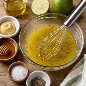 Vinaigrette al lime sbattuta in una piccola ciotola