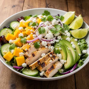 Insalata di pollo e mango con feta e spicchi di lime