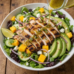 Fette di pollo grigliato su insalata di mango condita