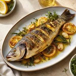 Finished grilled whole fish with garlic lemon and fresh herbs