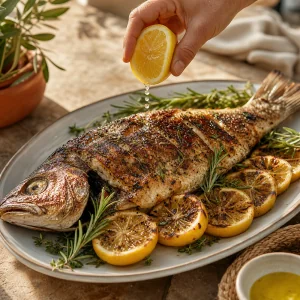 Ganzer Grillfisch auf einer Platte mit frischem Zitronensaft und Krautern vollendet