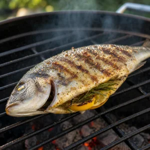 Gefuellter ganzer Fisch gart unberuehrt auf heissen Grillrosten bis er goldbraun ist