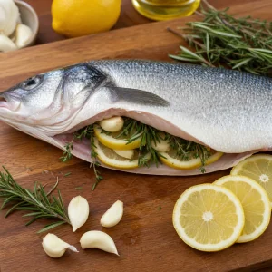 Bauchhoehle des ganzen Fischs gefuellt mit Zitronenscheiben Knoblauch Rosmarin und Thymian