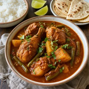 Bowl of Guatemalan pepian chicken stew with rice, tortillas, lime, and cilantro