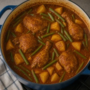 Chicken stew simmering with potatoes and green beans