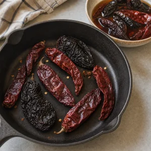 Dried guajillo and ancho chiles toasting in a skillet