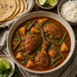 Served pepian chicken stew with lime, tortillas, and rice