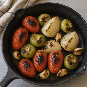 Tomatoes, tomatillos, onion, and garlic charred in a skillet