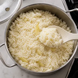 Fluffy cooked jasmine rice being lifted with a rice paddle