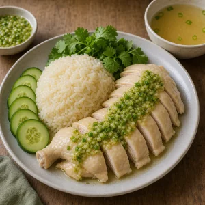 Hainanese chicken rice served with ginger-scallion sauce spooned over the chicken
