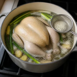 Whole chicken simmering in a pot while foam is skimmed from the broth
