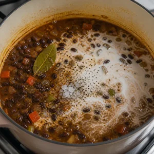 Black beans and coconut milk swirling into the soup pot