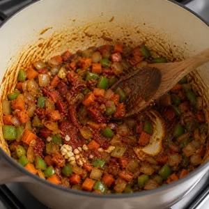 Garlic and tomato paste stirred into softened vegetables