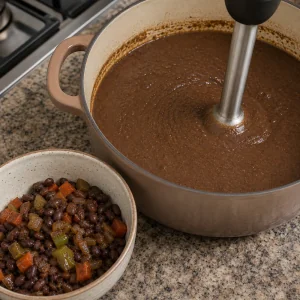 Reserved beans beside smooth soup being blended with an immersion blender