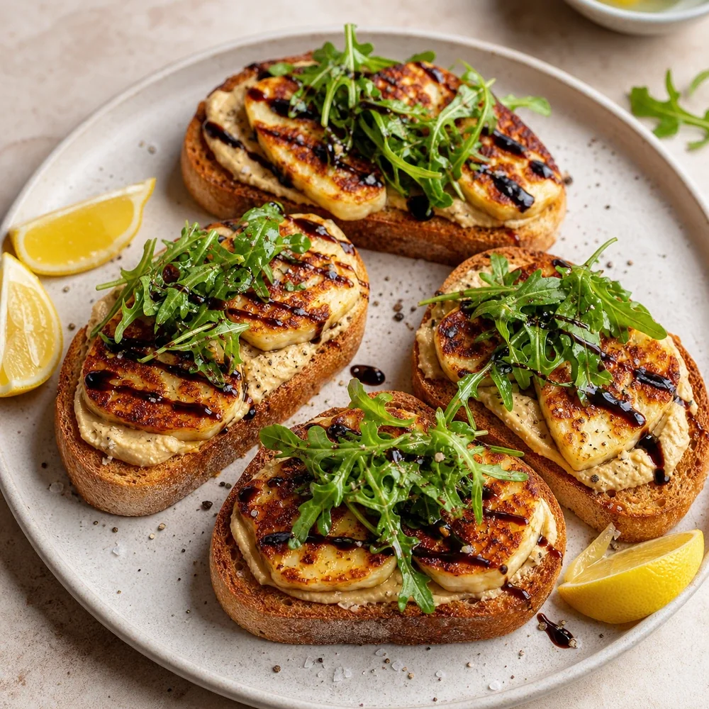 Tostas de halloumi prontas com homus glaze balsâmico rúcula e limão