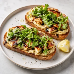 Tostas de halloumi e homus com rúcula fresca limão sal e pimenta