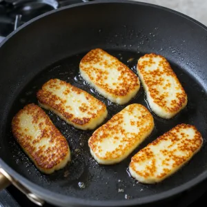 Fatias de halloumi fritando em azeite até dourar