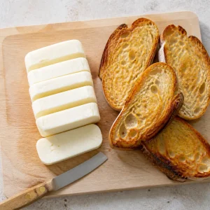 Queijo halloumi fatiado ao lado de pão torrado dourado
