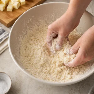 Cold butter worked into flour mixture until it resembles coarse breadcrumbs