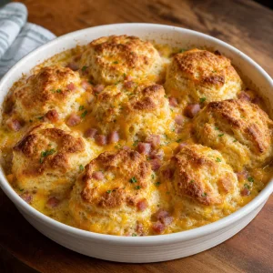Finished ham and cheese butter swim biscuits with golden tops and melted cheddar