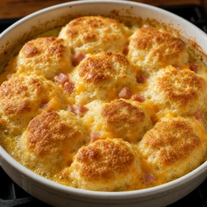 Ham and cheese biscuits baking until golden with butter bubbling around the edges