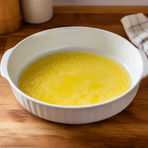 Melted butter poured into a round baking dish for butter swim biscuits