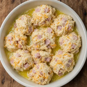 Rustic spoonfuls of ham and cheddar biscuit dough nestled in melted butter
