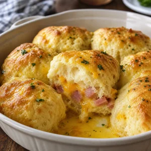 Warm ham and cheese biscuit split open with gooey cheddar and melted butter