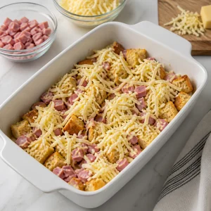 Bread cubes layered with ham and shredded Gruyere in a baking dish