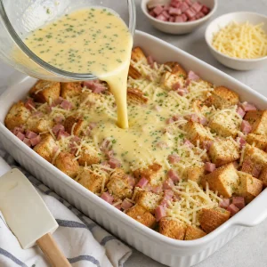 Egg custard being poured over bread, ham, and Gruyere