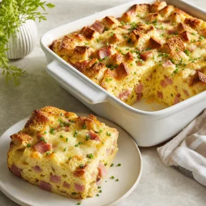 Finished ham and Gruyere breakfast strata with a plated slice