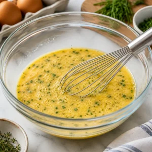 Herbed egg custard being whisked in a glass bowl