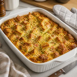 Puffed golden ham and Gruyere strata just baked