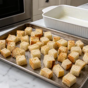 Toasted bread cubes on a baking sheet beside a buttered dish