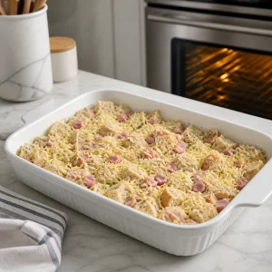 Unbaked strata resting on the counter before baking
