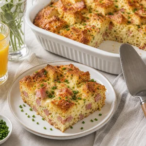 Warm slice of ham and Gruyere strata served with chives