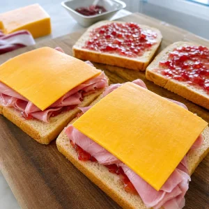 Fatias de cheddar colocadas sobre presunto e geleia de ruibarbo antes de montar os toasties