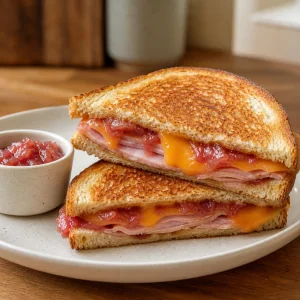 Toasties dourados de presunto e geleia de ruibarbo com cheddar derretido e geleia extra para mergulhar