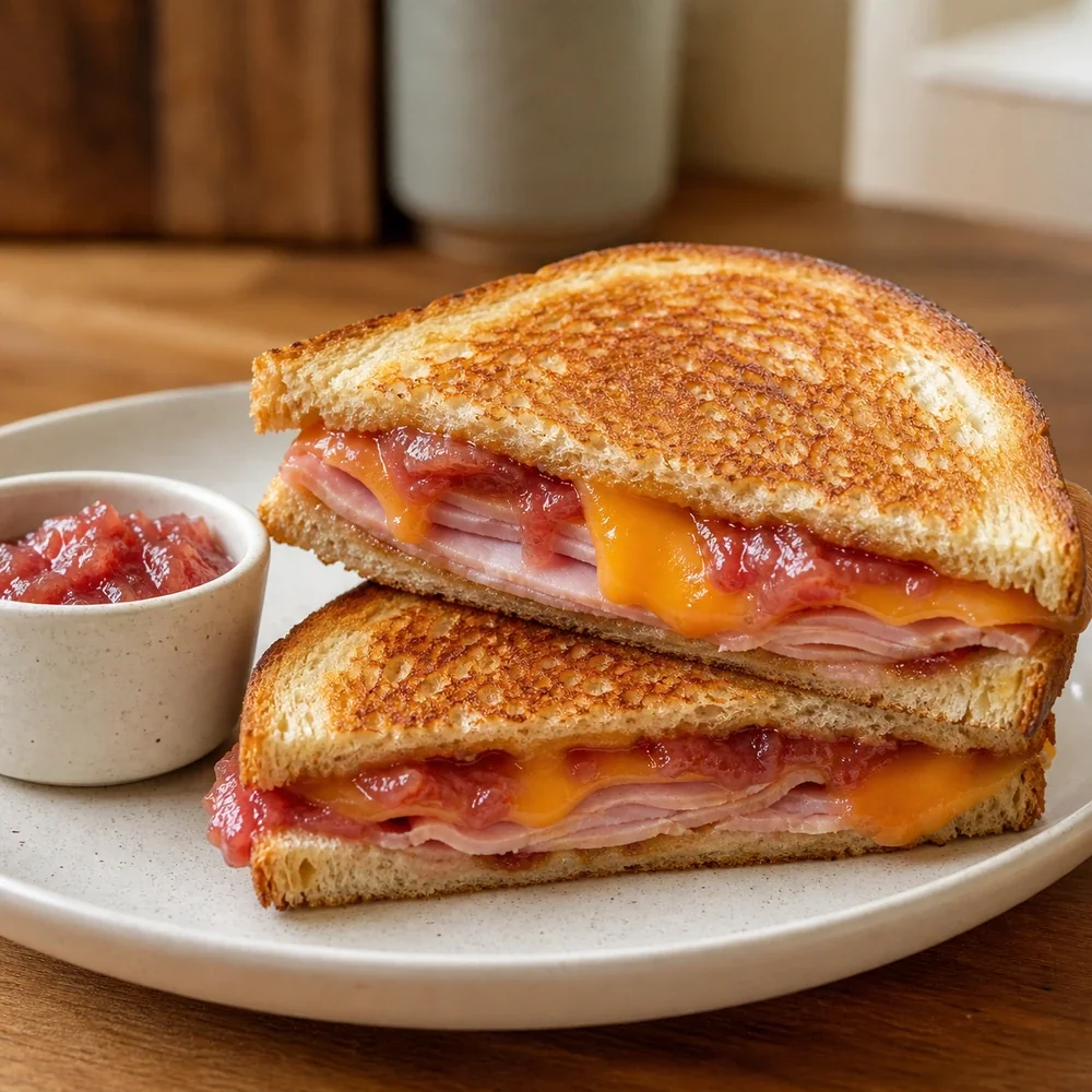 Toasties dourados de presunto e geleia de ruibarbo com cheddar derretido e geleia extra para mergulhar